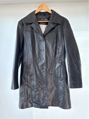 Steve Madden Genuine Leather Coat Womens Large Black Button Front Jacket